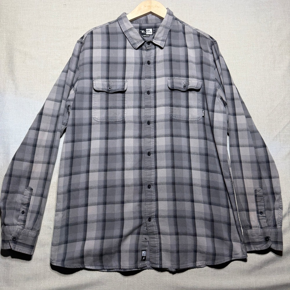 Rip Curl Shirt Mens XL Gray Plaid LS Button Down Flannel Surf Skate Grunge 6901